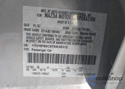 2007 Mazda Mazda6 I Sport Ve from USA, damaged, VIN 1YVHP80C875M35315